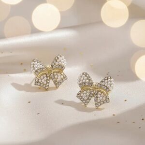 Gold and White Bow Earrings